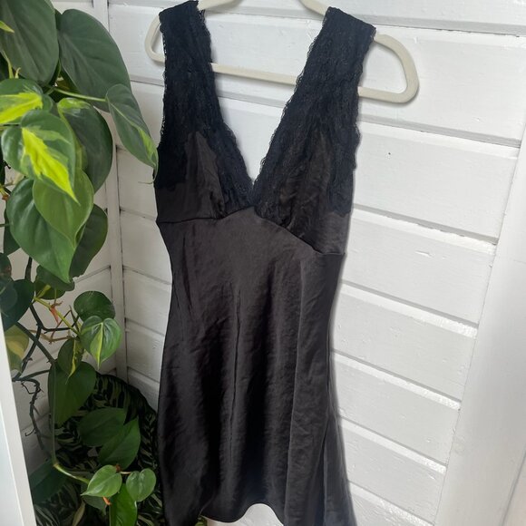 Beverly and Beck Satin and Lace Deep V-Neck Mini Dress - Picture 1 of 7